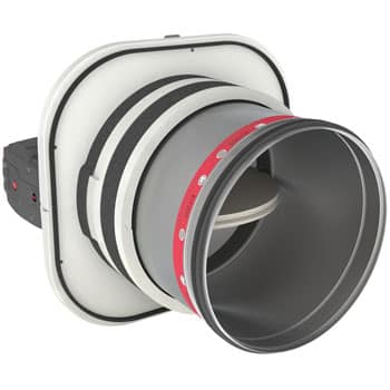 Round fire damper CR120-1S-500L from Rf-Technologies with tunnel casing extension and for surface mounting